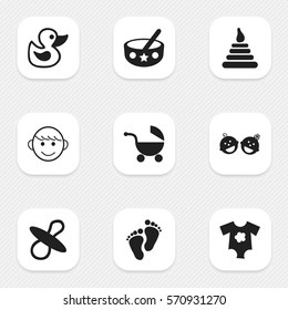 Set Of 9 Editable Baby Icons. Includes Symbols Such As Bath Toys, Tower, Small Dresses And More. Can Be Used For Web, Mobile, UI And Infographic Design.
