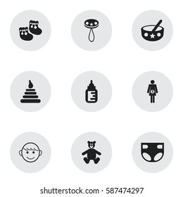 Set Of 9 Editable Baby Icons. Includes Symbols Such As Teddy, Rattle, Shoes For Babies And More. Can Be Used For Web, Mobile, UI And Infographic Design.