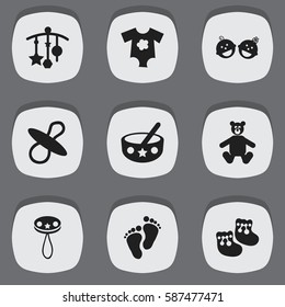 Set Of 9 Editable Baby Icons. Includes Symbols Such As Soothers, Spoon, Small Dresses And More. Can Be Used For Web, Mobile, UI And Infographic Design.