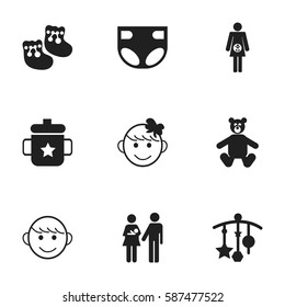Set Of 9 Editable Baby Icons. Includes Symbols Such As Cheerful Child, Nappy, Adorn And More. Can Be Used For Web, Mobile, UI And Infographic Design.
