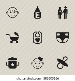 Set Of 9 Editable Baby Icons. Includes Symbols Such As Pinafore, Soothers, Merry Children And More. Can Be Used For Web, Mobile, UI And Infographic Design.
