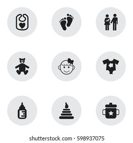 Set Of 9 Editable Baby Icons. Includes Symbols Such As Teddy, Pinafore, Nursing Bottle And More. Can Be Used For Web, Mobile, UI And Infographic Design.