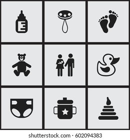 Set Of 9 Editable Baby Icons. Includes Symbols Such As Teddy, Nursing Bottle, Rattle And More. Can Be Used For Web, Mobile, UI And Infographic Design.