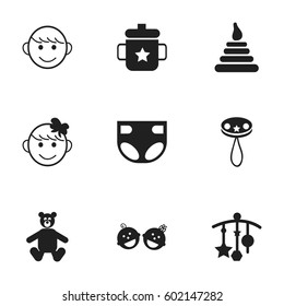 Set Of 9 Editable Baby Icons. Includes Symbols Such As Twins Babies, Rattle, Cheerful Child And More. Can Be Used For Web, Mobile, UI And Infographic Design.