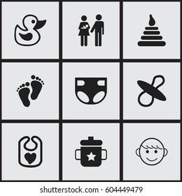 Set Of 9 Editable Baby Icons. Includes Symbols Such As Pinafore, Bath Toys, Tower And More. Can Be Used For Web, Mobile, UI And Infographic Design.