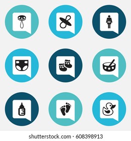 Set Of 9 Editable Baby Icons. Includes Symbols Such As Soothers, Footmark, Nursing Bottle And More. Can Be Used For Web, Mobile, UI And Infographic Design.