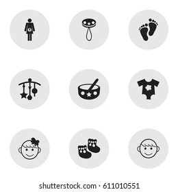 Set Of 9 Editable Baby Icons. Includes Symbols Such As Small Dresses, Adorn, Footmark And More. Can Be Used For Web, Mobile, UI And Infographic Design.