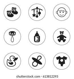 Set Of 9 Editable Baby Icons. Includes Symbols Such As Teddy, Bath Toys, Rattle And More. Can Be Used For Web, Mobile, UI And Infographic Design.
