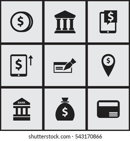 Set Of 9 Editable Banking Icons. Includes Symbols Such As Specie, Holdall, Edifice And More. Can Be Used For Web, Mobile, UI And Infographic Design.