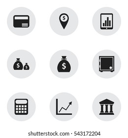 Set Of 9 Editable Banking Icons. Includes Symbols Such As Diagram, Bar Graph, Money Card And More. Can Be Used For Web, Mobile, UI And Infographic Design.