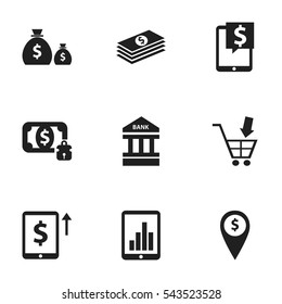 Set Of 9 Editable Banking Icons. Includes Symbols Such As Salary, Bank Location, To Deposit Money And More. Can Be Used For Web, Mobile, UI And Infographic Design.