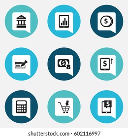 Set Of 9 Editable Banking Icons. Includes Symbols Such As Specie, Bar Graph, Computation Machine And More. Can Be Used For Web, Mobile, UI And Infographic Design.