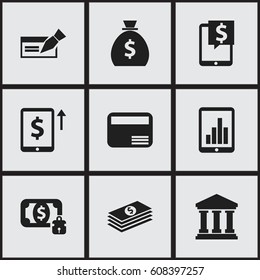 Set Of 9 Editable Banking Icons. Includes Symbols Such As Bank Location, Holdall, Money Card And More. Can Be Used For Web, Mobile, UI And Infographic Design.