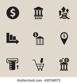 Set Of 9 Editable Banking Icons. Includes Symbols Such As Coins Raise, Shopping Pushcart, Exchange Center And More. Can Be Used For Web, Mobile, UI And Infographic Design.