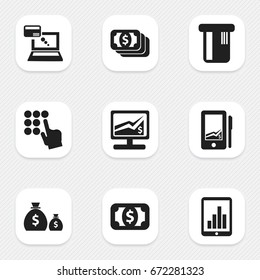 Set Of 9 Editable Banking Icons. Includes Symbols Such As Payment, Treasure, Entering Password And More. Can Be Used For Web, Mobile, UI And Infographic Design.