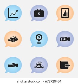 Set Of 9 Editable Banking Icons. Includes Symbols Such As Gold, Bar Graph, Diagram And More. Can Be Used For Web, Mobile, UI And Infographic Design.