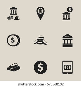 Set Of 9 Editable Banking Icons. Includes Symbols Such As Pinpoint, Specie, Architecture And More. Can Be Used For Web, Mobile, UI And Infographic Design.