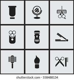 Set Of 9 Editable Barber Icons. Includes Symbols Such As Cutter Apparatus, Take The Hair Dryer, Shaving And More. Can Be Used For Web, Mobile, UI And Infographic Design.