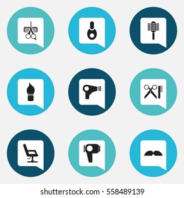 Set Of 9 Editable Barber Icons. Includes Symbols Such As Whiskers, Desiccator, Elbow Chair And More. Can Be Used For Web, Mobile, UI And Infographic Design.