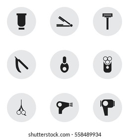 Set Of 9 Editable Barber Icons. Includes Symbols Such As Desiccator, Container, Vial And More. Can Be Used For Web, Mobile, UI And Infographic Design.