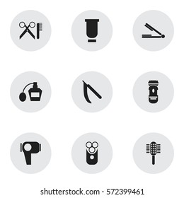 Set Of 9 Editable Barber Icons. Includes Symbols Such As Take The Hair Dryer, Container, Barber Tools And More. Can Be Used For Web, Mobile, UI And Infographic Design.