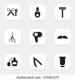 Set Of 9 Editable Barber Icons. Includes Symbols Such As Whiskers, Scent, Vial And More. Can Be Used For Web, Mobile, UI And Infographic Design.