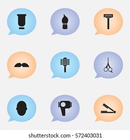 Set Of 9 Editable Barber Icons. Includes Symbols Such As Container, Scrub, Whiskers And More. Can Be Used For Web, Mobile, UI And Infographic Design.