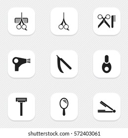 Set Of 9 Editable Barber Icons. Includes Symbols Such As Shaver, Barber Tools, Blade And More. Can Be Used For Web, Mobile, UI And Infographic Design.
