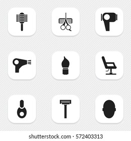 Set Of 9 Editable Barber Icons. Includes Symbols Such As Brains, Desiccator, Charger And More. Can Be Used For Web, Mobile, UI And Infographic Design.