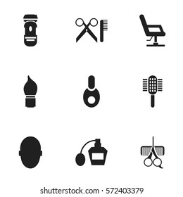 Set Of 9 Editable Barber Icons. Includes Symbols Such As Shaving, Vial, Elbow Chair And More. Can Be Used For Web, Mobile, UI And Infographic Design.