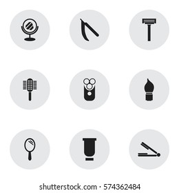Set Of 9 Editable Barber Icons. Includes Symbols Such As Reflector, Shaver, Container And More. Can Be Used For Web, Mobile, UI And Infographic Design.