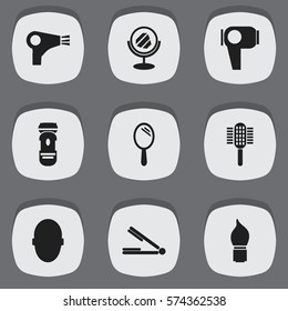 Set Of 9 Editable Barber Icons. Includes Symbols Such As Brains, Hair Drier, Reflector And More. Can Be Used For Web, Mobile, UI And Infographic Design.