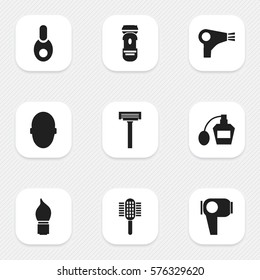 Set Of 9 Editable Barber Icons. Includes Symbols Such As Vial, Scrub, Brains And More. Can Be Used For Web, Mobile, UI And Infographic Design.