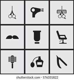 Set Of 9 Editable Barber Icons. Includes Symbols Such As Cut Tool, Hairdresser Set, Charger And More. Can Be Used For Web, Mobile, UI And Infographic Design.