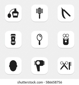 Set Of 9 Editable Barber Icons. Includes Symbols Such As Brains, Hair Drier, Cutter Apparatus And More. Can Be Used For Web, Mobile, UI And Infographic Design.