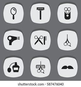 Set Of 9 Editable Barber Icons. Includes Symbols Such As Cutter Apparatus, Scent, Cut Tool And More. Can Be Used For Web, Mobile, UI And Infographic Design.