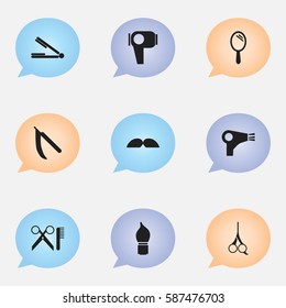 Set Of 9 Editable Barber Icons. Includes Symbols Such As Reflector, Whiskers, Barber Tools And More. Can Be Used For Web, Mobile, UI And Infographic Design.