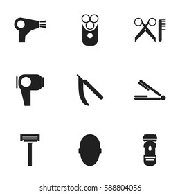Set Of 9 Editable Barber Icons. Includes Symbols Such As Hair Drier, Cutter Apparatus, Barber Tools And More. Can Be Used For Web, Mobile, UI And Infographic Design.