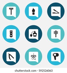 Set Of 9 Editable Barber Icons. Includes Symbols Such As Take The Hair Dryer, Charger, Hair Drier And More. Can Be Used For Web, Mobile, UI And Infographic Design.