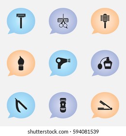 Set Of 9 Editable Barber Icons. Includes Symbols Such As Scent, Desiccator, Blade And More. Can Be Used For Web, Mobile, UI And Infographic Design.