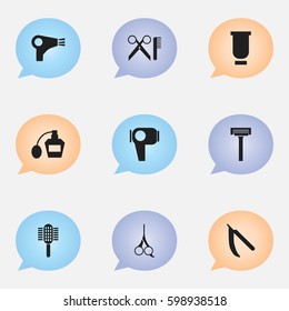 Set Of 9 Editable Barber Icons. Includes Symbols Such As Container, Charger, Desiccator And More. Can Be Used For Web, Mobile, UI And Infographic Design.