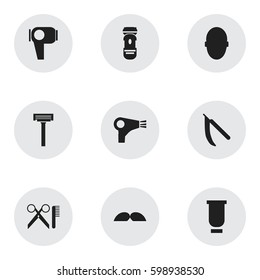 Set Of 9 Editable Barber Icons. Includes Symbols Such As Brains, Blade, Shaving And More. Can Be Used For Web, Mobile, UI And Infographic Design.