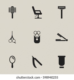 Set Of 9 Editable Barber Icons. Includes Symbols Such As Container, Blade, Cut Tool And More. Can Be Used For Web, Mobile, UI And Infographic Design.
