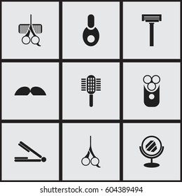 Set Of 9 Editable Barber Icons. Includes Symbols Such As Peeper, Vial, Cut Tool And More. Can Be Used For Web, Mobile, UI And Infographic Design.