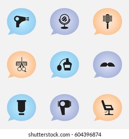 Set Of 9 Editable Barber Icons. Includes Symbols Such As Charger, Peeper, Hair Drier And More. Can Be Used For Web, Mobile, UI And Infographic Design.