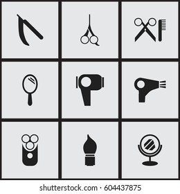 Set Of 9 Editable Barber Icons. Includes Symbols Such As Blade, Reflector, Desiccator And More. Can Be Used For Web, Mobile, UI And Infographic Design.