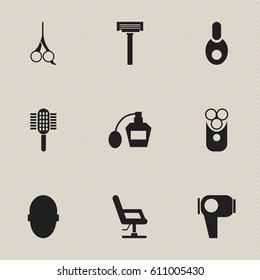 Set Of 9 Editable Barber Icons. Includes Symbols Such As Brains, Elbow Chair, Cutter Apparatus And More. Can Be Used For Web, Mobile, UI And Infographic Design.
