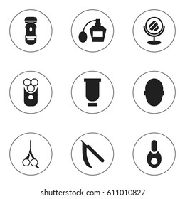 Set Of 9 Editable Barber Icons. Includes Symbols Such As Cutter Apparatus, Vial, Scent And More. Can Be Used For Web, Mobile, UI And Infographic Design.
