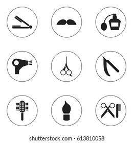 Set Of 9 Editable Barber Icons. Includes Symbols Such As Desiccator, Scrub, Charger And More. Can Be Used For Web, Mobile, UI And Infographic Design.
