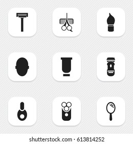 Set Of 9 Editable Barber Icons. Includes Symbols Such As Scrub, Cutter Apparatus, Brains And More. Can Be Used For Web, Mobile, UI And Infographic Design.